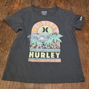 Hurley Charcoal Tee with Pastel Sunset Palm Graphic